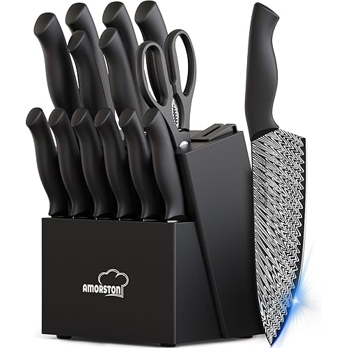 Knife Set, Amorston 15 Pieces Kitchen Knife Set with Built in Knife Sharpener, High Carbon German Stainless Steel Knife Block Set, Black Dishwasher Safe Knives Set, Valentine's Gift