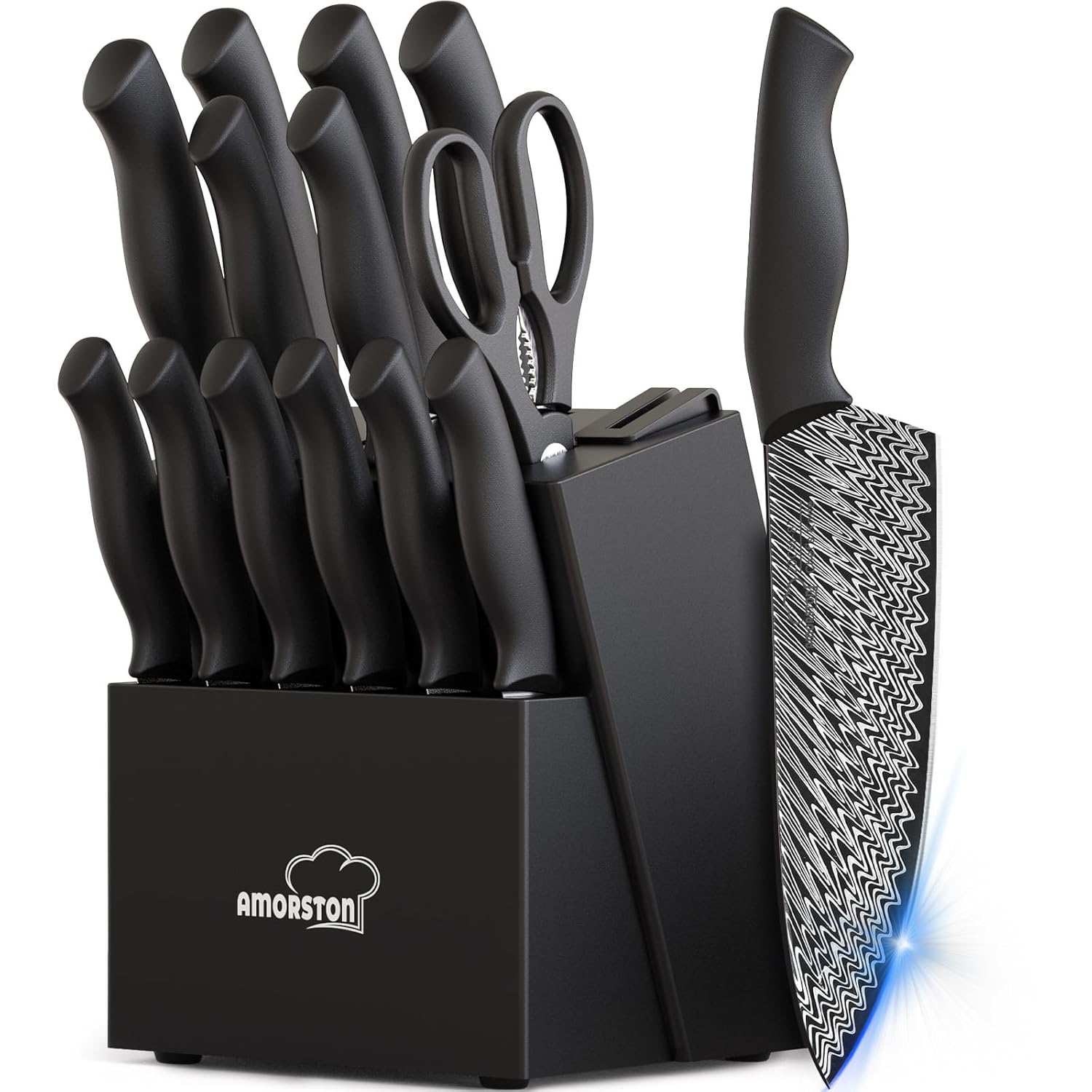 Knife Set Amorston 15 Pieces Kitchen Knife Set with Built in Knife Sharpener High Carbon German Stainless Steel