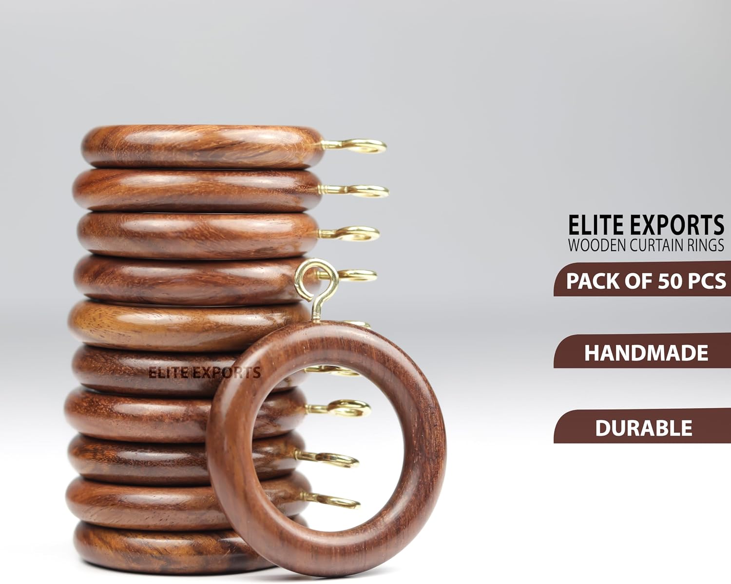 2 Inch Wooden Drapery Curtain Rod Rings, 50 Pcs for 1 inch Rod Pole, 1.25 INCH Inner Dia, Natural Rosewood (50, 1.25 INCH Inner Dia)