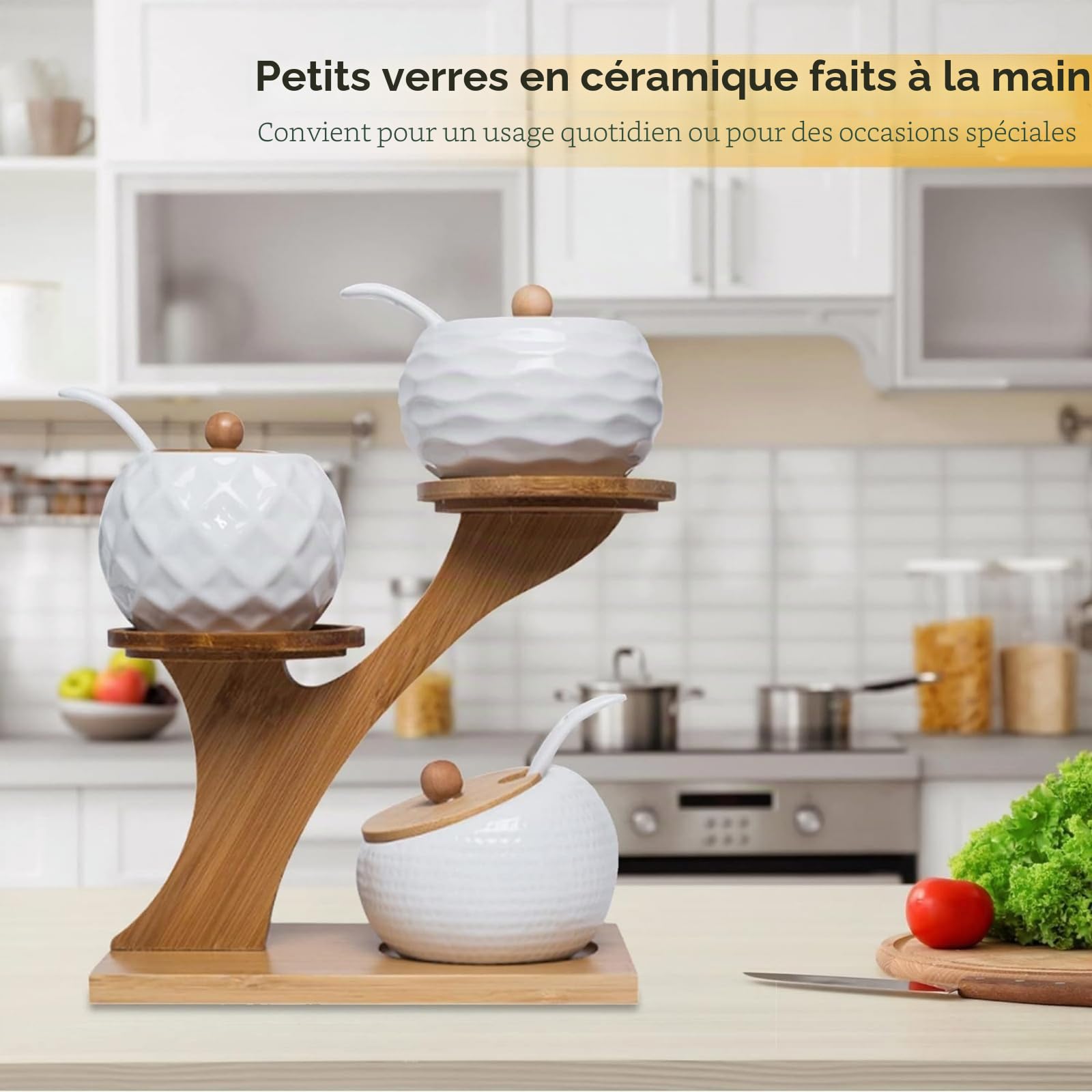 Lot de 3 bocaux à épices en céramique avec couvercle en bambou, cuillère et plateau, 170 ml/6,4 oZ, boîtes à épices pour conserver le sucre, le sel, les épices, le café
