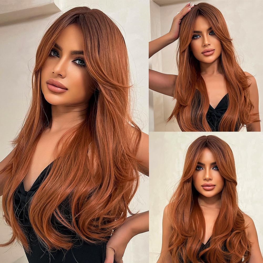 Layered Auburn Wigs Human Hair with Bangs for Women, Long Straight Copper Brown Style, Heat-Resistant, Tangle-Free, Ideal for Daily Wear and Cosplay (Orange,28 Inch)