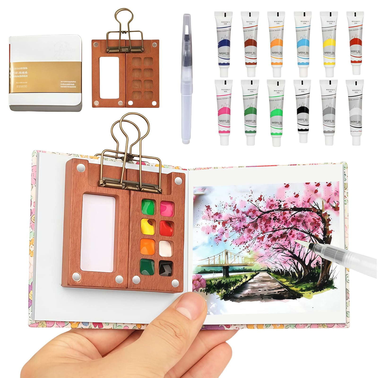 Yamobi Kit tavolozza per pittura ad acquerello in miniatura a 8 griglie, mini scatole da pittura ad acquerello, portatili, per acquerello, tavolozza di legno