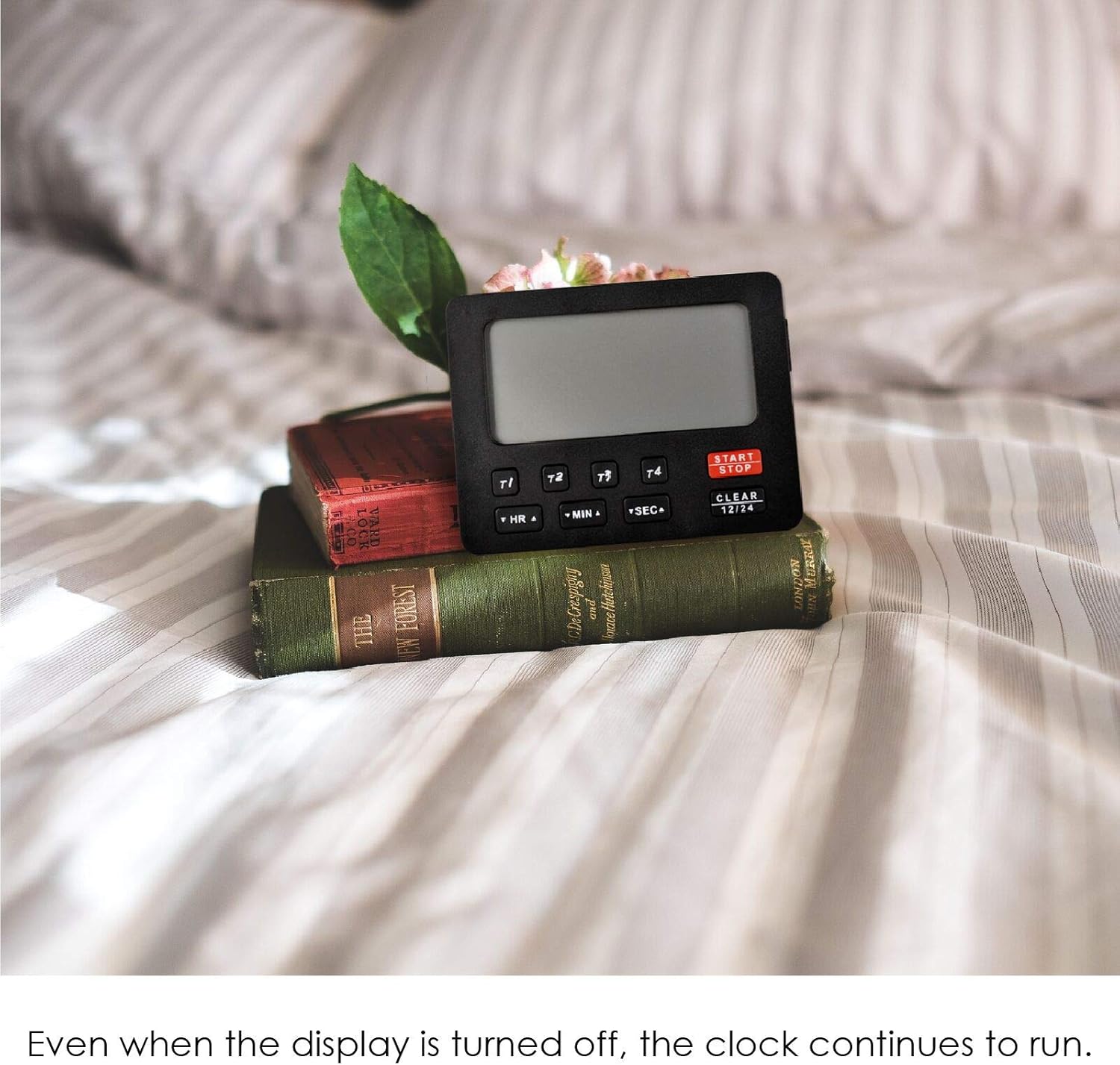 Jayron Timer displaying clock on a bedside table