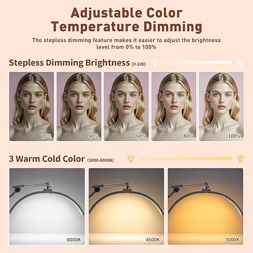 Miniatura 4 de HITTI Luz de pestañas para tecnología de pestañas, lámpara LED de media luna con base rodante de 4 ruedas, luz esteticista para artistas del