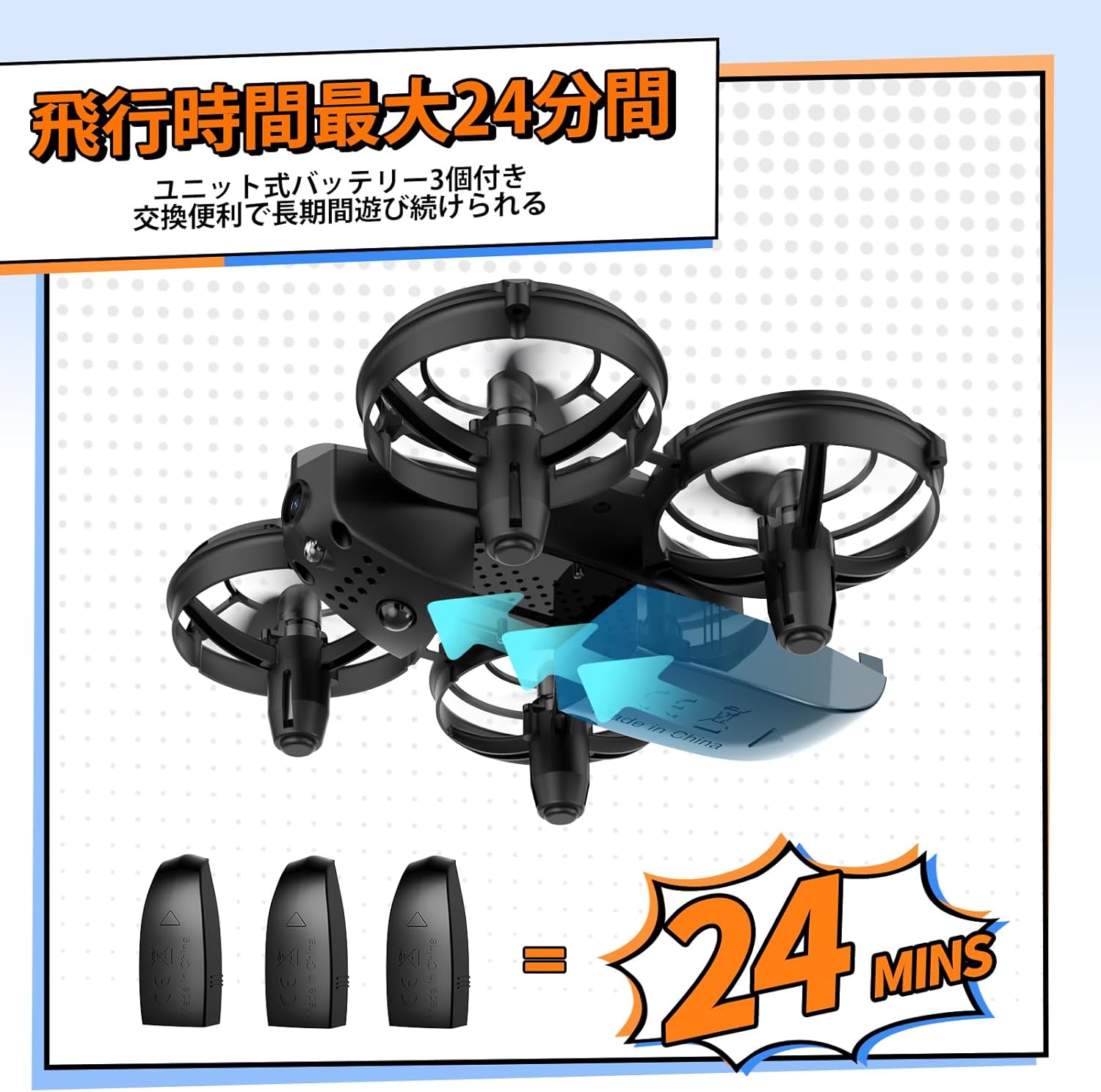 Tomzon A24W drone with three batteries, illustrating the 24-minute total flight time.