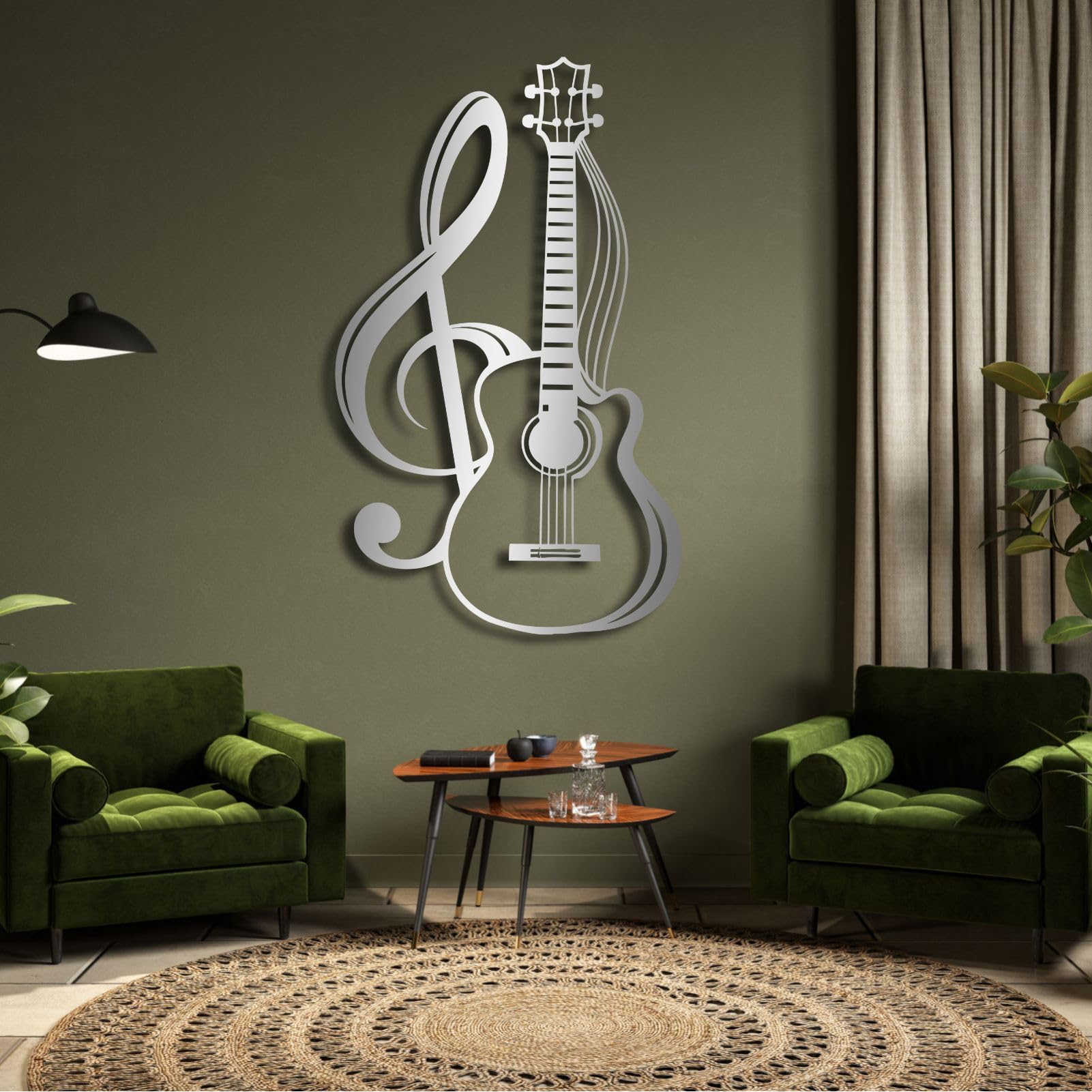 CREATCABIN Guitarra Metal Decoración Pared Plata Música Metal Arte Adorno Colgante Hierro Nota Musical Escultura Hogar 30x17.5cm