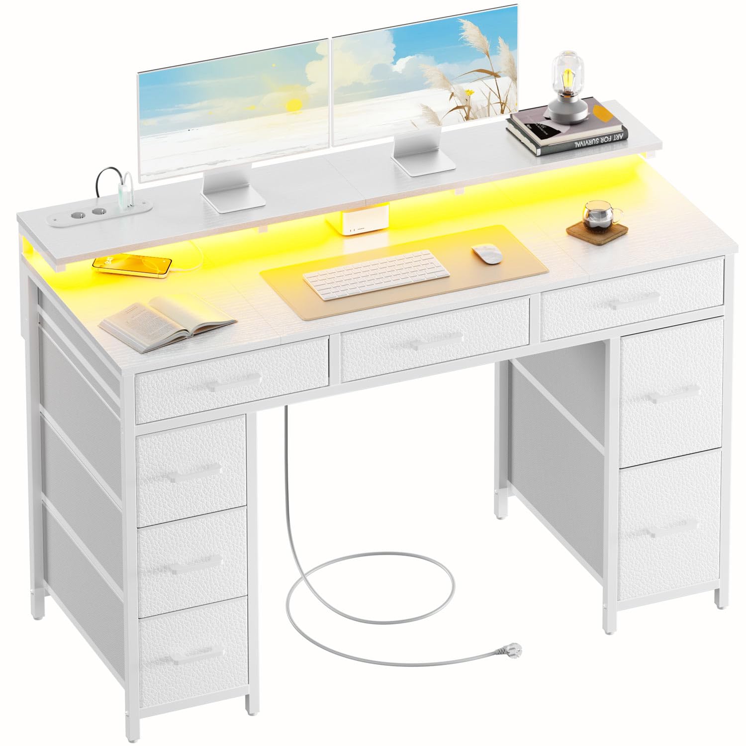 HLFURNIEU Escritorio con 8 Cajones de Tela, 120 × 50 cm Mesa Gaming LED con Enchufes & Puertos USB, Mesa Gamer con Soporte para Monitor, Escritorio Ordenador para Juegos y Oficina en Casa, Blanco | Toma integrada, puerto USB, almacenamiento, soporte de mo