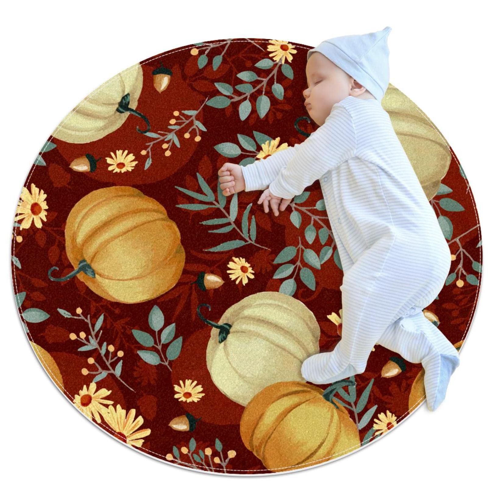 Tapis de jeu Thanksgiving Floral Citrouilles rond 80cm antidérapant et doux pour enfants