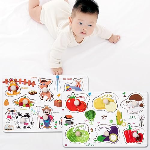 Miniatura 6 de Rompecabezas de madera para niños pequeños, rompecabezas de clavijas, juguetes de regalo, juego de 2 rompecabezas para niños pequeños - Granjas y