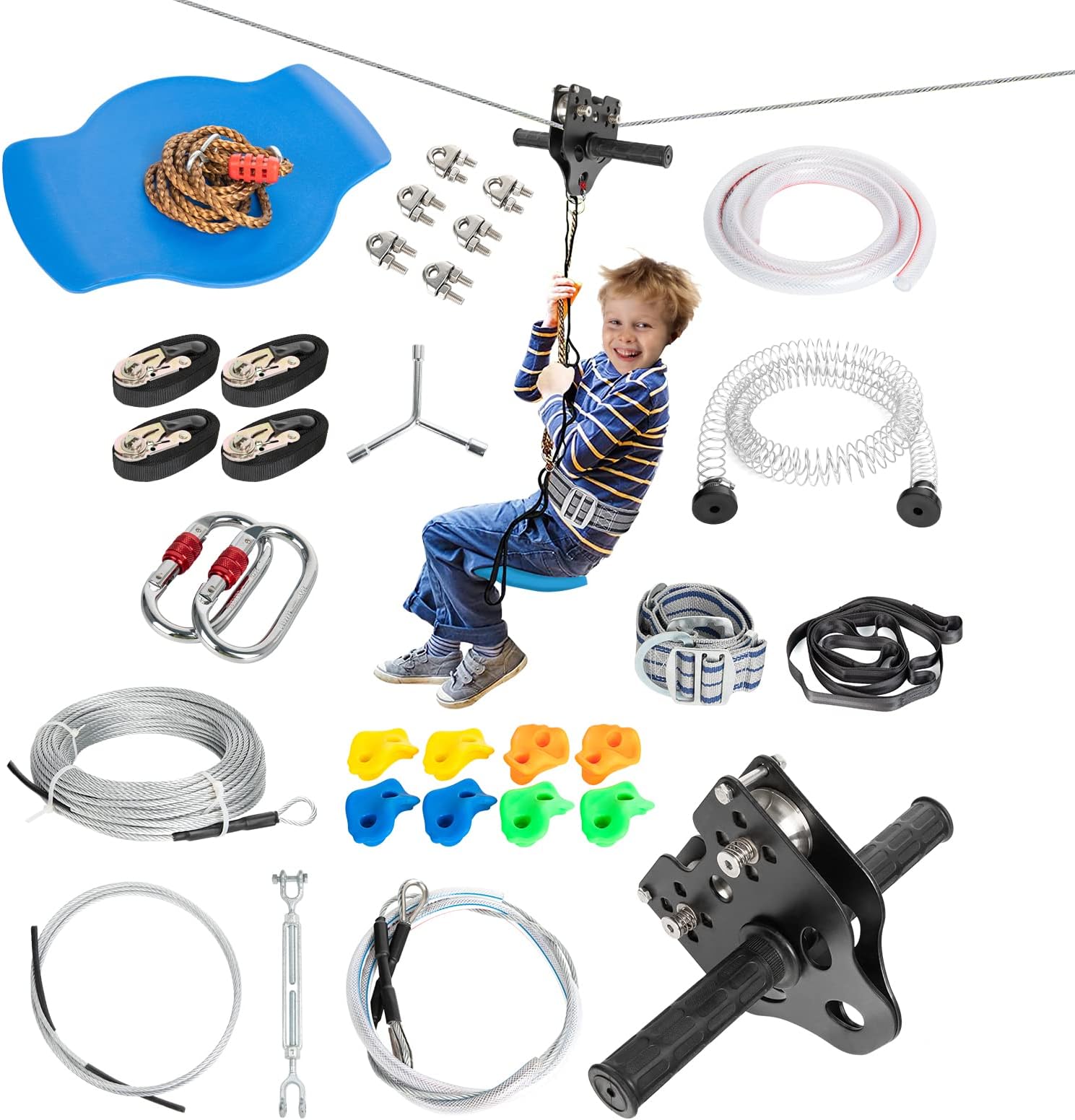 Zip Line for Kids and Adults Outdoor Up to 350Lbs 150FT with Stainless Steel Zipline Spring Brake, Safety Harness and Steel Trolley Ziplines Kits for Backyards