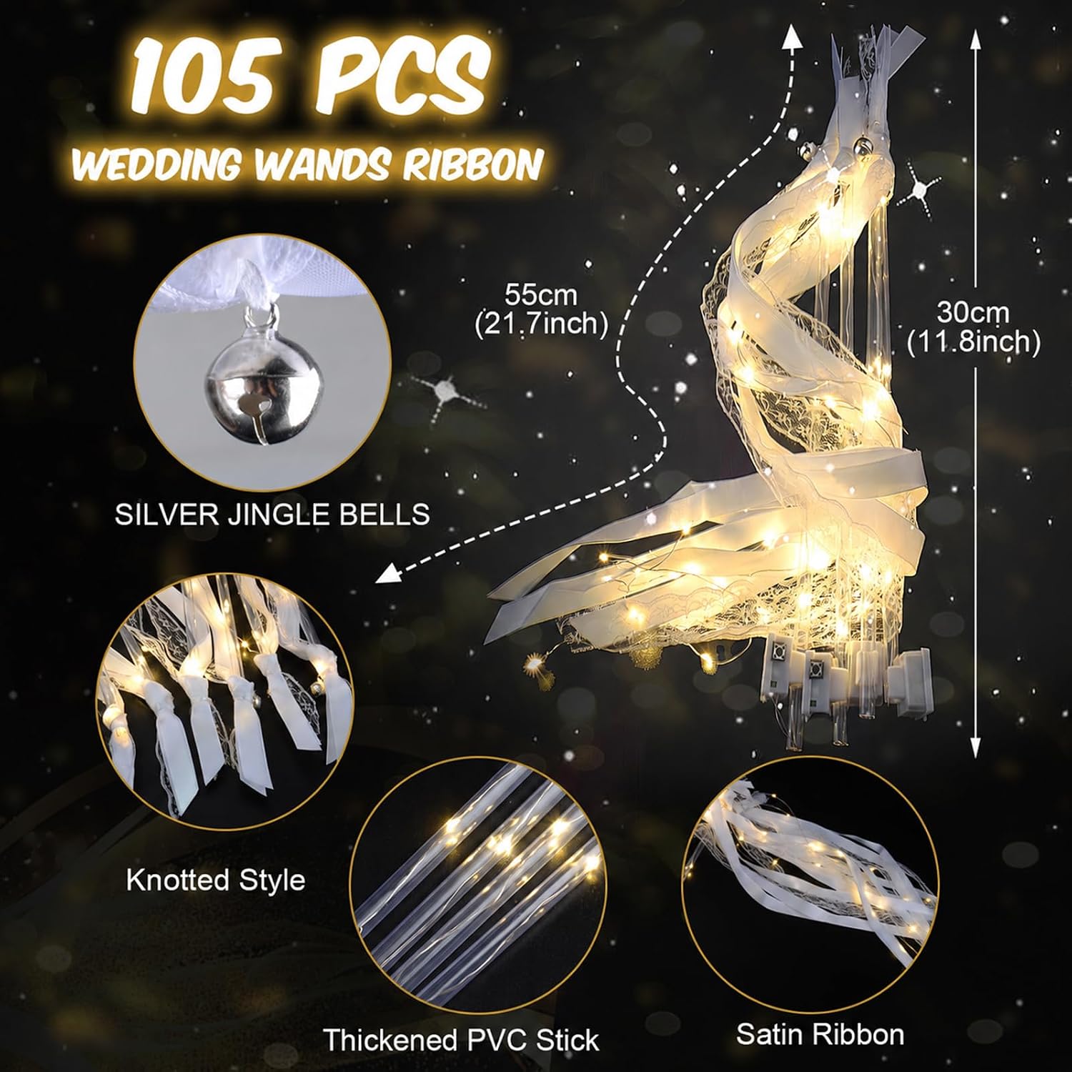 HONLYNE 105 PCS Light Up Wedding Wands, LED Fairy Wand, Wands Streamers with 3 Flashing Modes, LED Silk Fairy Wand with Ribbons, Lace and Bells for Wedding Send Off Ideas, Parties, and Celebrations