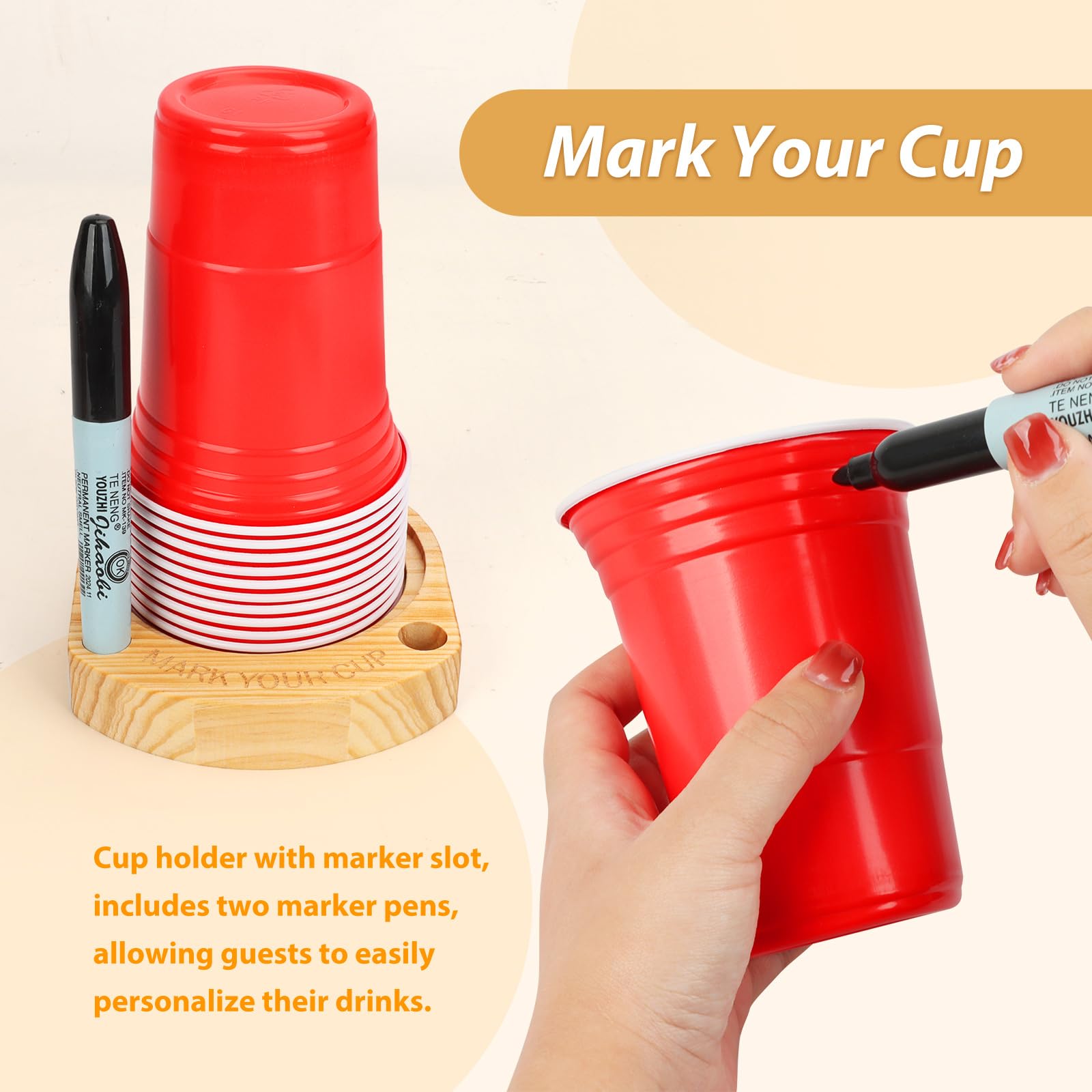 Party Cup Holder with Marker Slot | Mark Your Cup and Drink Up Cup Holder | Holiday Hosting Essential | Wooden Cup Organizer | Plastic/Paper Cup Dispenser | Fits Variety of Disposable Cup Sizes (1)