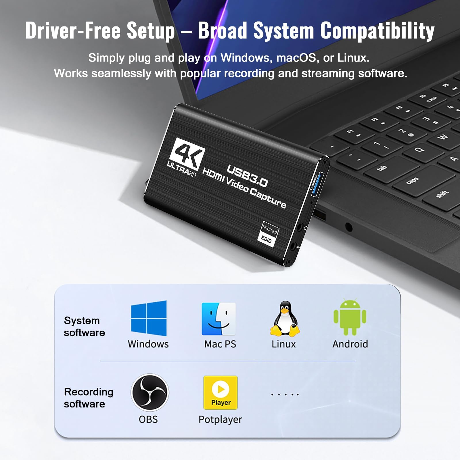 HDMI Video Capture Card 1080P 60FPS, USB 3.0 Game Capture Device, Compact & Portable for Streaming, Gaming, and Meetings, Compatible with Switch/PS4/PS5/PC/Laptop/OBS, Black