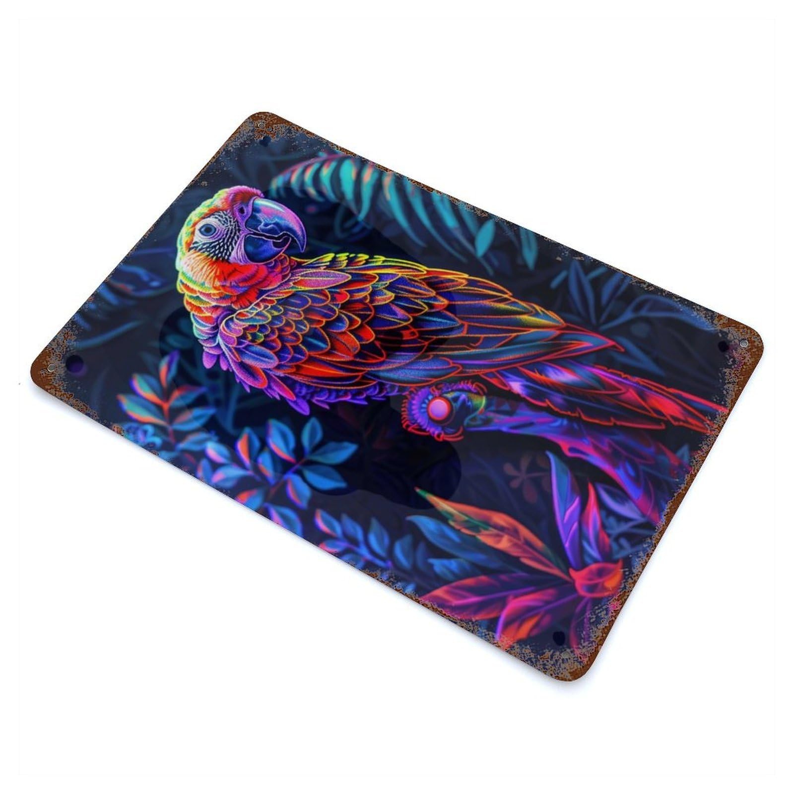 Rust Effect Neon Parrot in Jungle Rusty Metal Tin Sign 11.8"x7.9", Old School Wall Decor for Farmhouse, Kitchen And Entryway Decor