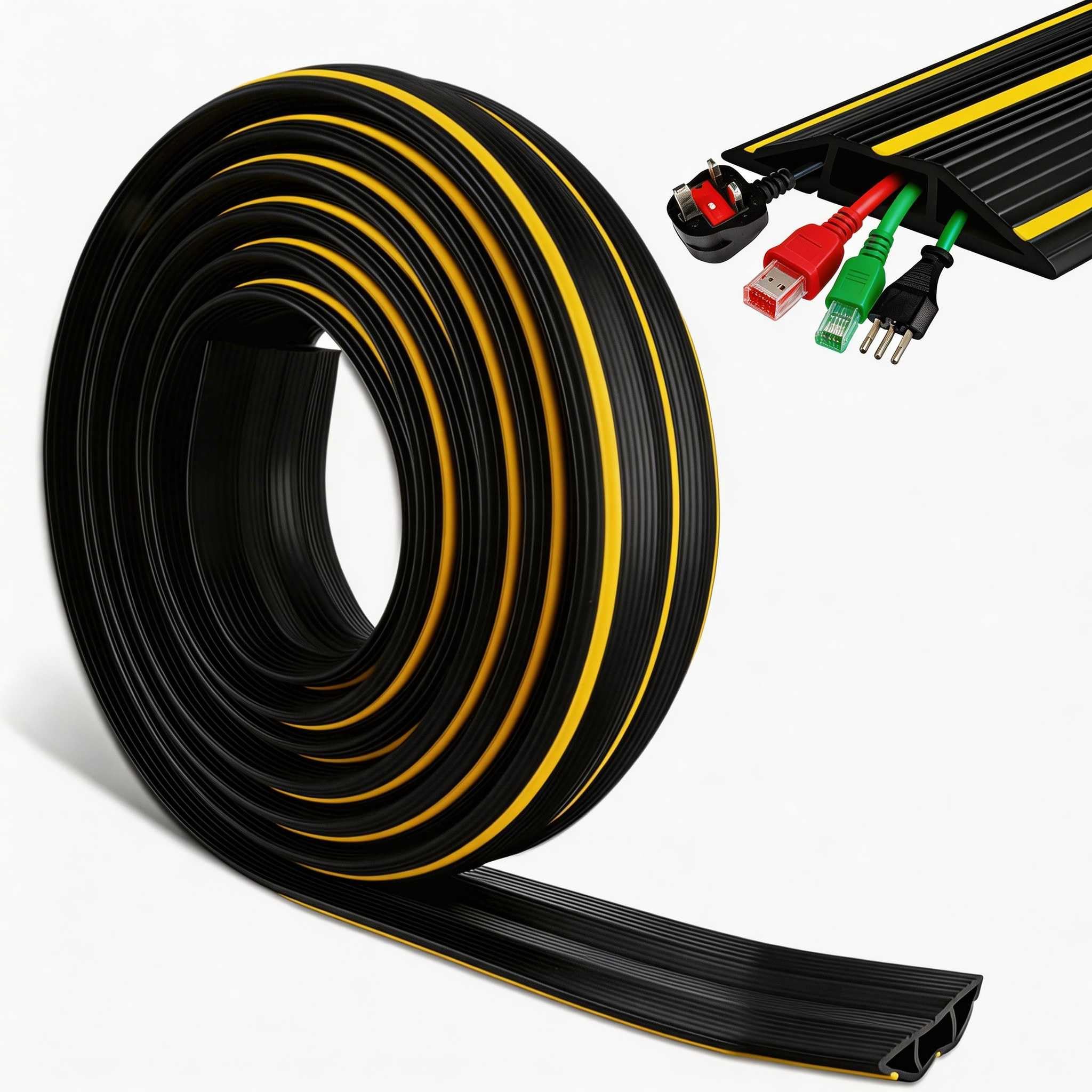 Floor Cable Cover, 3 Cord Channels Cable Protector Outdoor - Heavy Duty Rubber Cable Protector, Wire Hider for Home, Office, Garage, Warehouse, Prevent Tripping Hazards (3M)