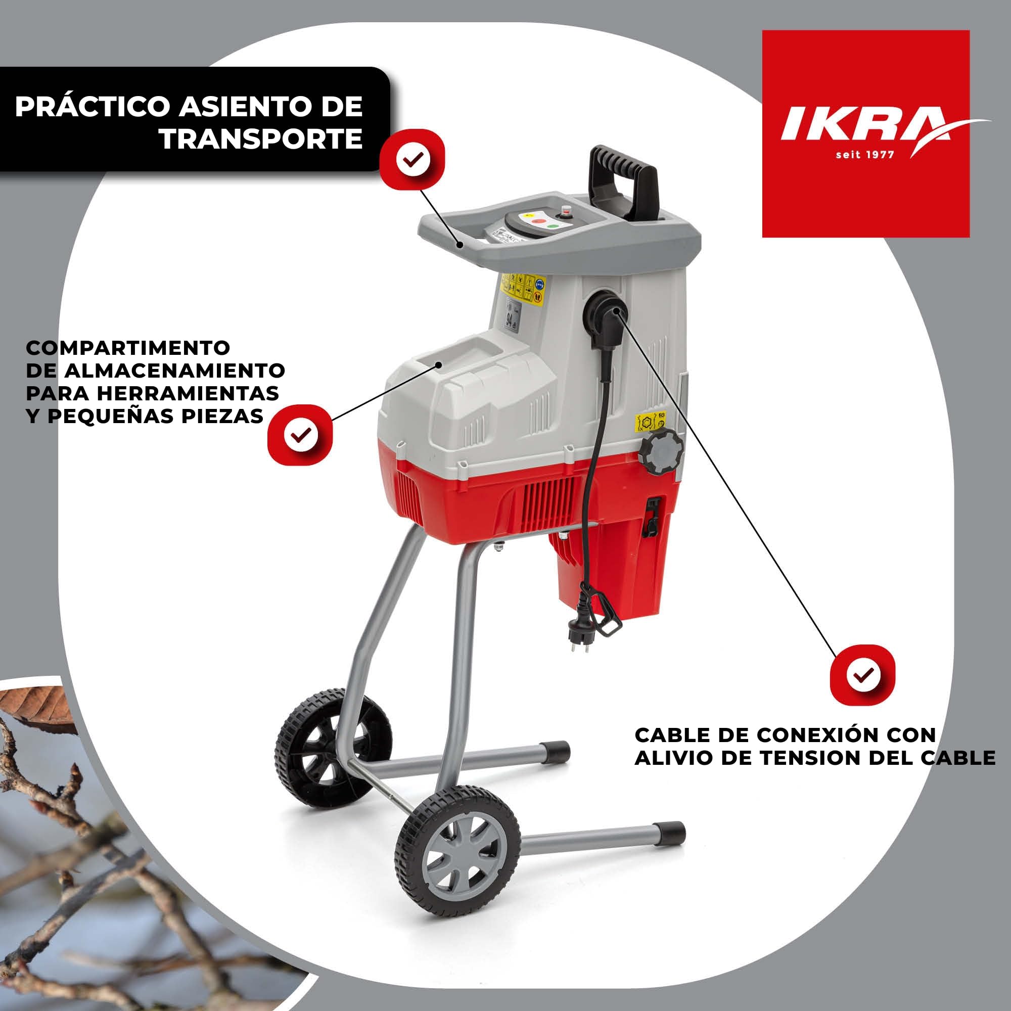 IKRA trituradora eléctrica de jardín ILH 3000 S, potente 3000 W, grosor de ramas de hasta 44 mm, incl. bolsa colectora de 45 l