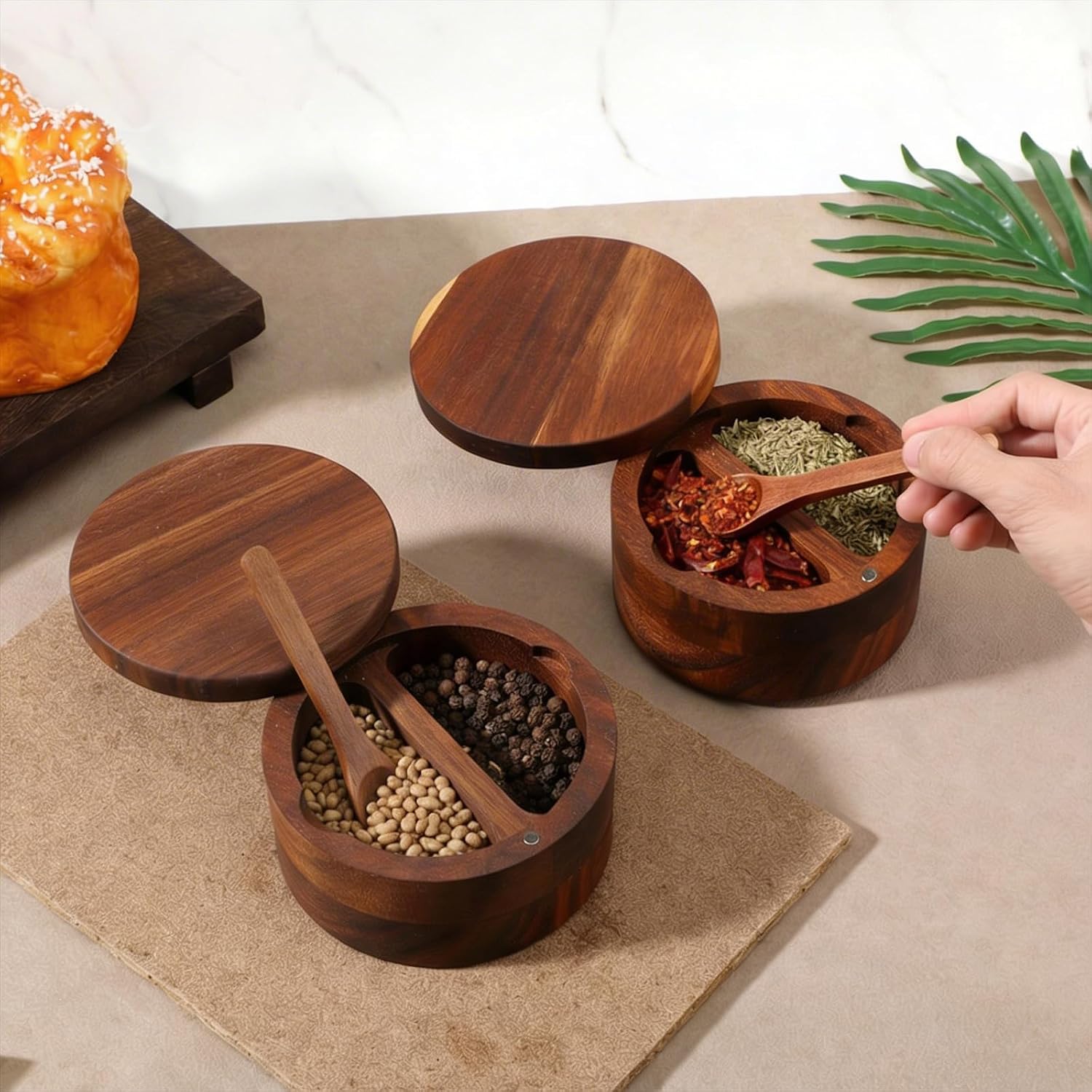 2pcs Acacia Wood Salt and Pepper Bowl 12 oz Salt Cellar with Swivel Lid & Spoon SaltContainer Holder Elegant Seasoning Bowl Container for Kitchen Storage Spice Favorite Seasonings