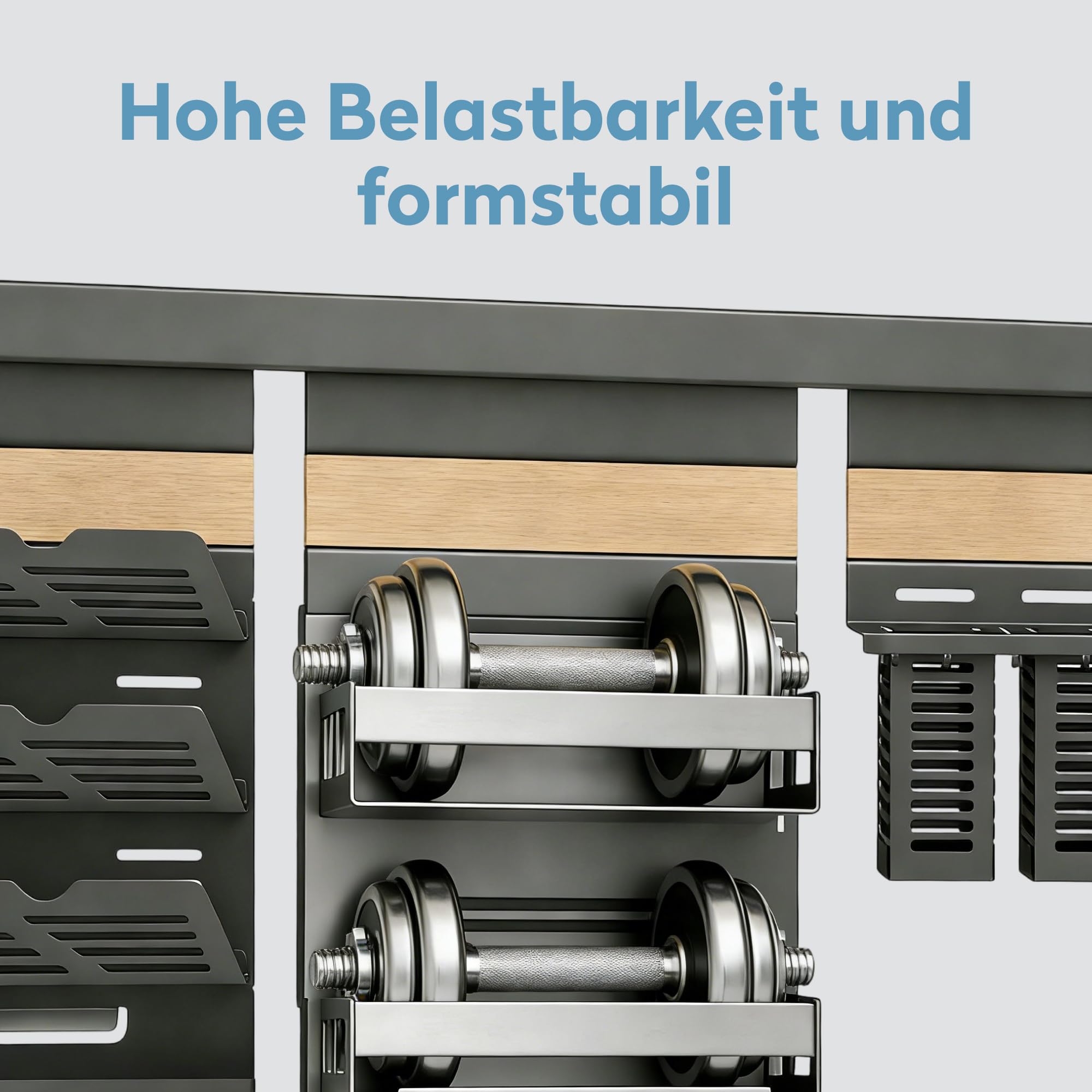 doporro Küchen-Organizer 52cm mit Topfdeckelhalter und 2 Besteckhalter | Hakenleiste Küche 52 cm aus Metall, mit 3 Ebenen Deckelhalter und 5 Haken, Küchen Wandregal Schrauben oder Kleben, Grau Reglo