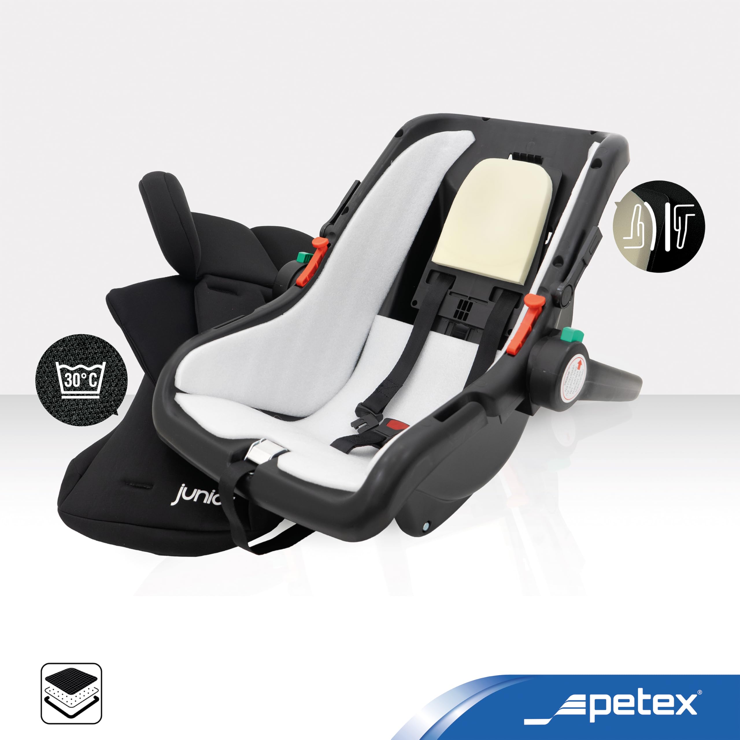 PETEX Fotelik samochodowy dla niemowląt – Bambini i-Size norma ECE R129 dla dzieci o wzroście ok. 40-87 cm, funkcja huśtawki, fotelik samochodowy w kolorze czarnym, 1 sztuka