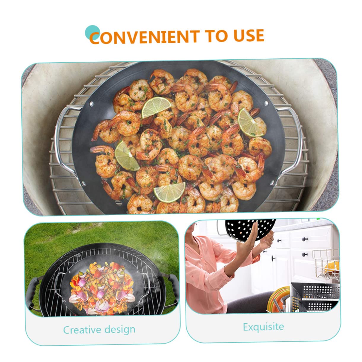 INOOMP Cestello Design a Doppia Maniglia per Grigliare Verdure Antiaderente in Acciaio al Carbonio e Fori Grandi per Barbecue All'aperto e Giardino