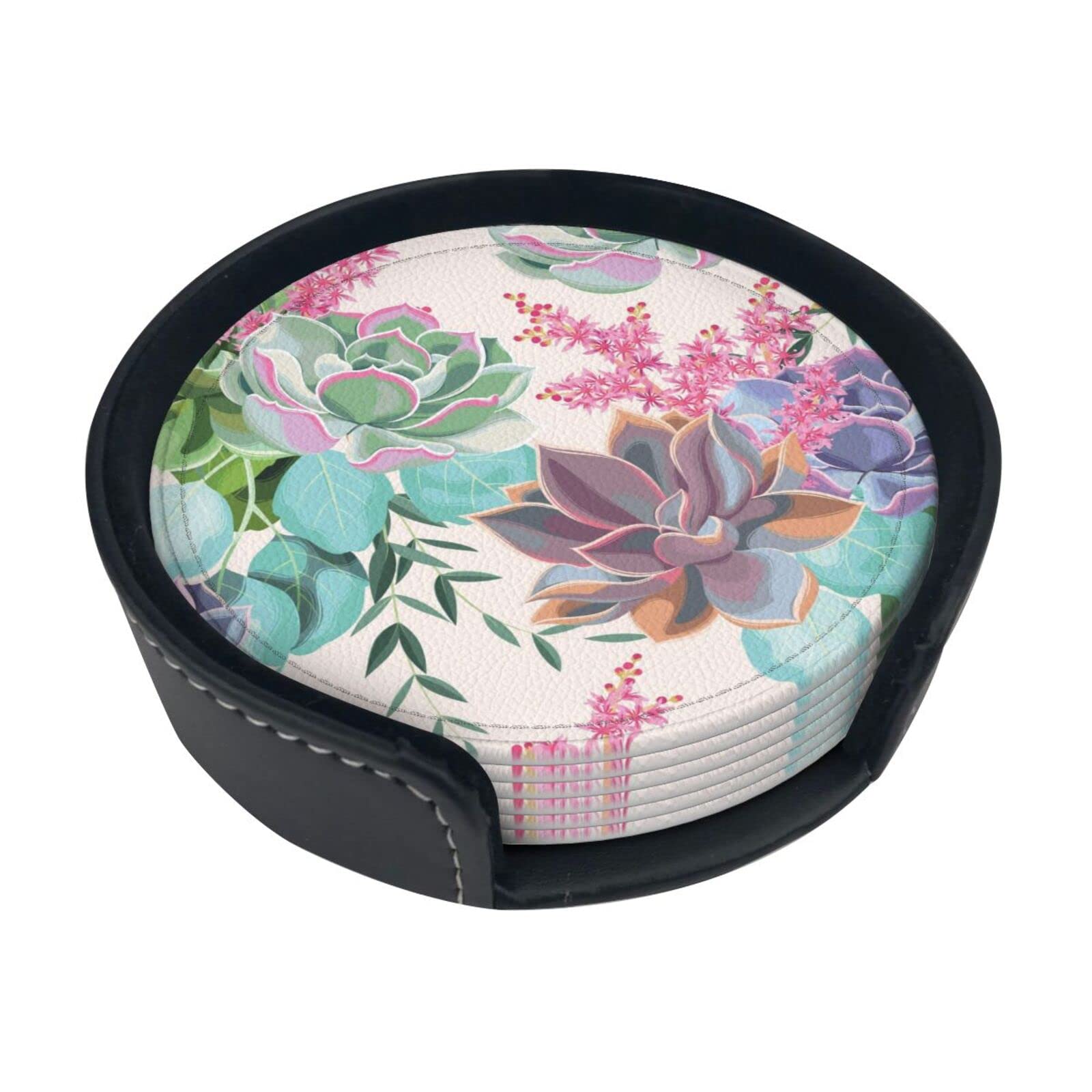 Coasters Set Of 6 Colorful Succulent Print Leather Coasters For Drinks,Home Décor And Housewarming Gift