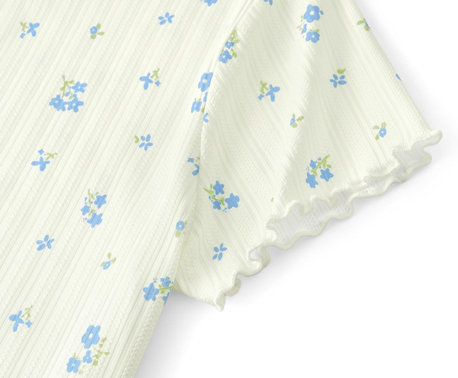 Beezizac Girls Pointelle Knit Lettuce Trim Pajama-Cute Floral/Cherry/Bow Tee & Flared Wide-Leg Pants 2-pc PJs Sizes 6-18 - Image 6