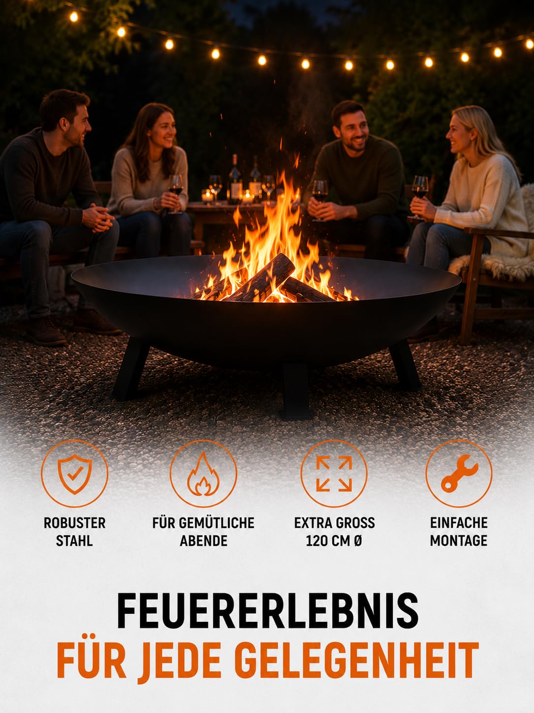 Grillfürst Feuerschale Ø 120 cm aus Stahl - Feuerschale für den Garten oder die Terrasse, massiv, langlebig und hitzebeständig, für Lagerfeuer oder als Kochstelle, Durchmesser 120 cm