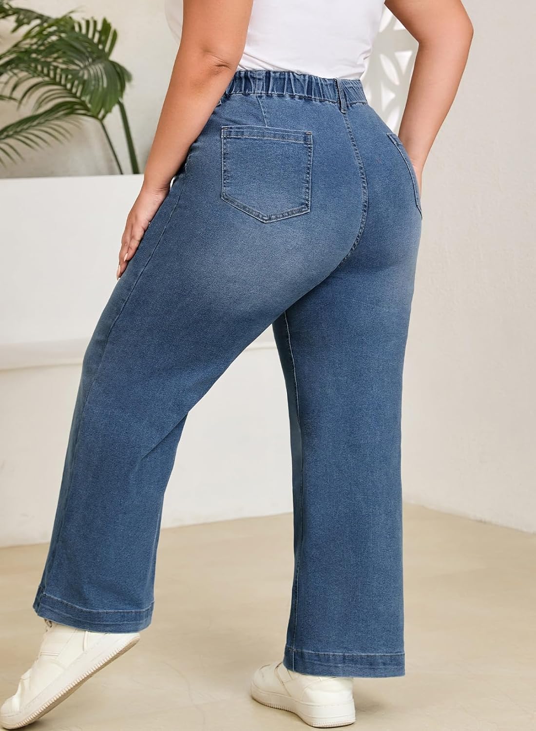 Eytino Women's Plus Size Wide Leg Jeans Elastic Waist Front Seam Stretchy Denim Pants with Pockets(1X-5X) - Image 2