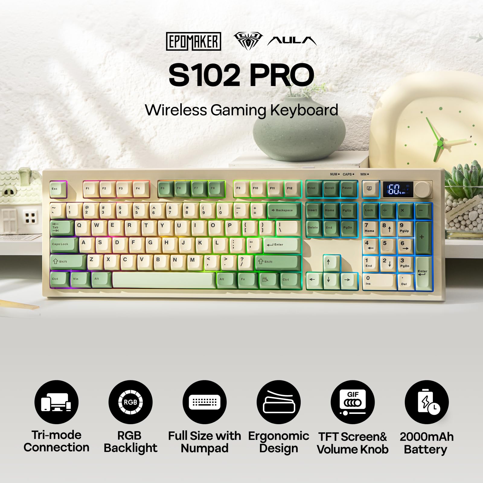 EPOMAKER Aula S102 PRO Membrane Gaming Keyboard with TFT Screen, Volume Knob & Number Pad, BT/2.4G/USB, RGB Backlit, Creamy Silicone Structure, Silent Keyboard for PC Game/Office (Yellow) - 3