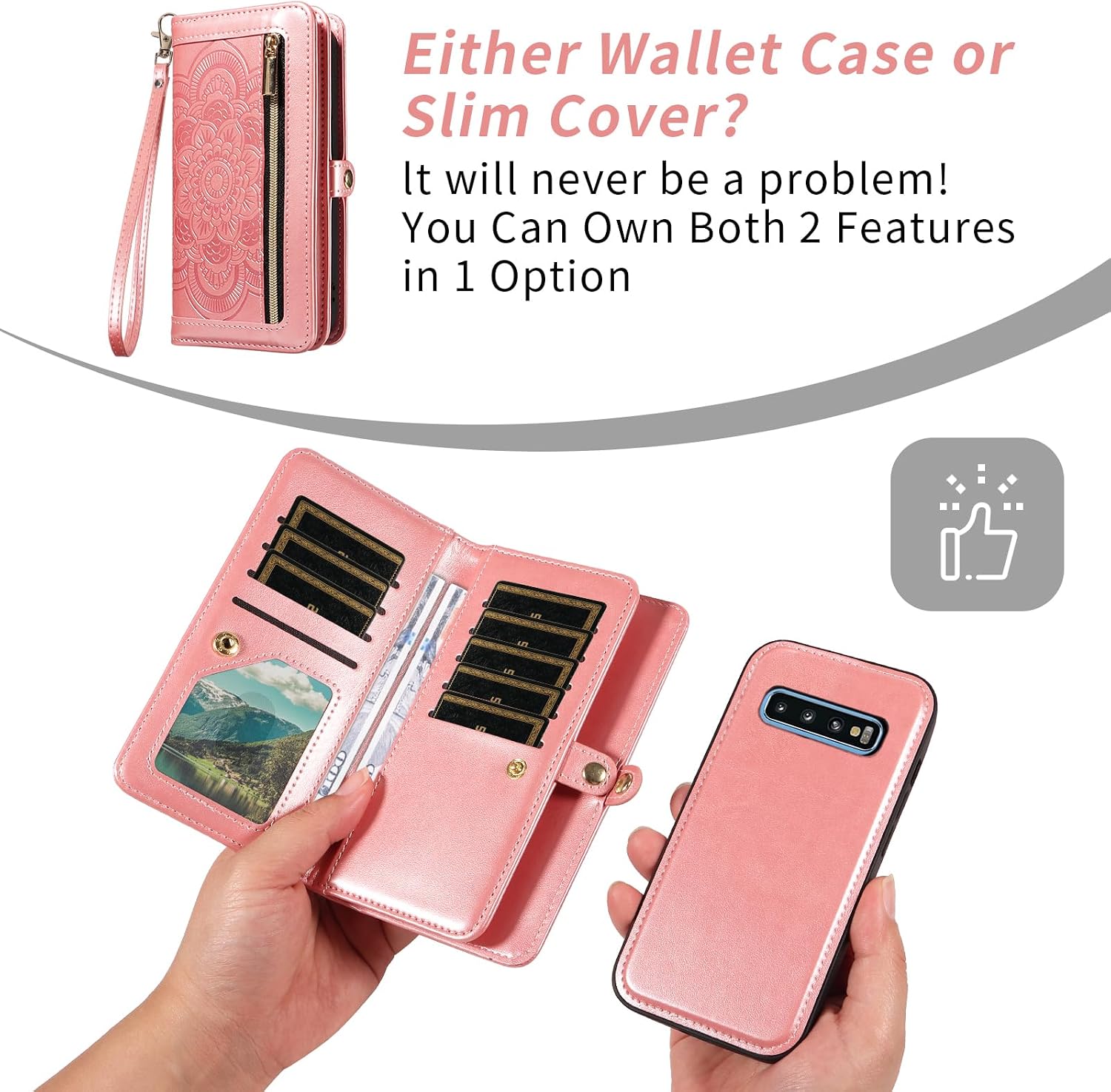 Asuwish Phone Case for Samsung Galaxy S10 Zipper Wallet Magnetic Detachable Cell Cover with Tempered Glass Screen Protector Crossbody Strap Flower Card Holder S 10 Edge 10S GS10 X10 Women Rose Gold
