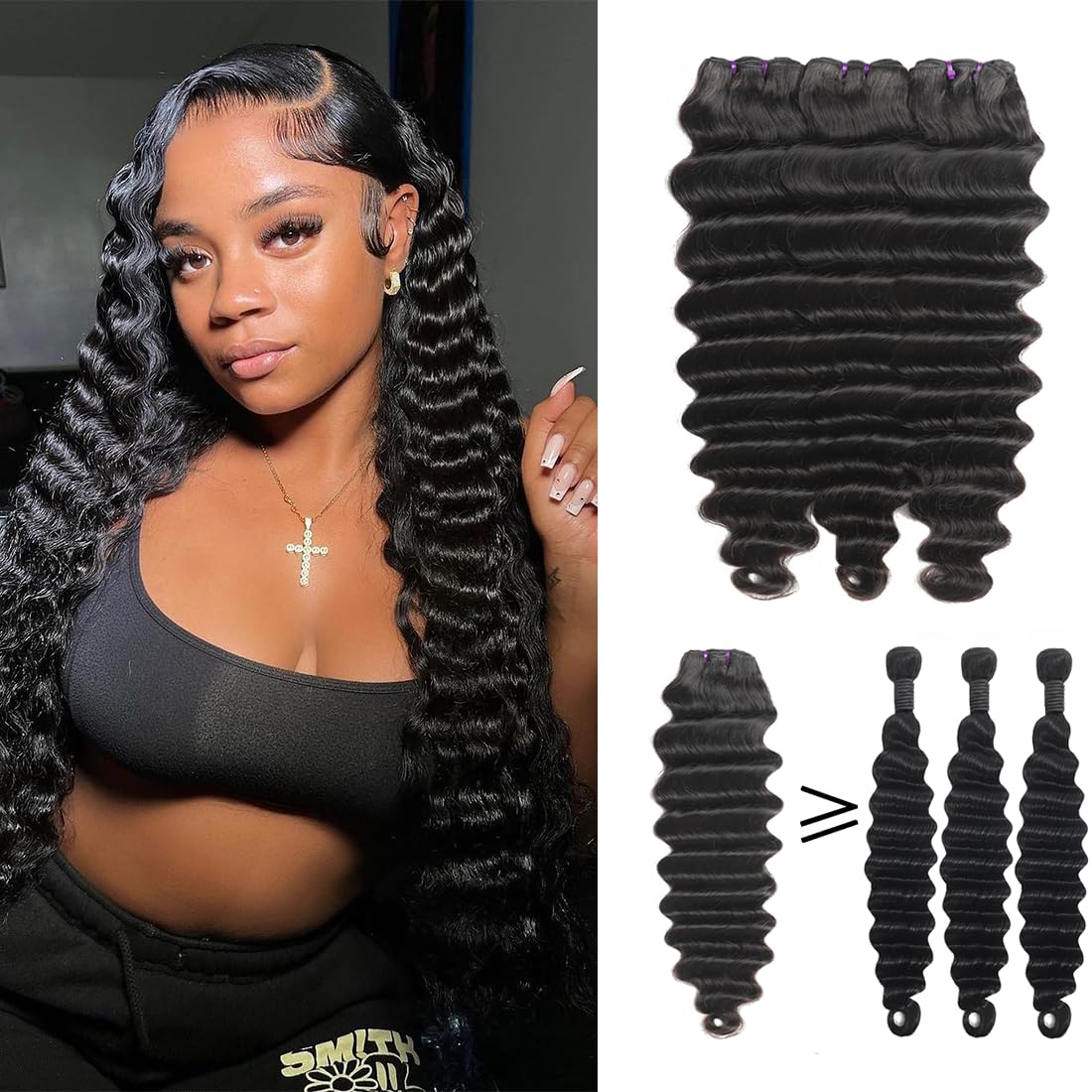 Loose Deep Wave Bundles Human Hair 3 Bundles 16A Loose Deep Curly Bundles Human Hair Wet and Wavy Bundles Brazilian Virgin Loose Deep Wave Human Hair Bundles Deep Curly Human Hair Extensions