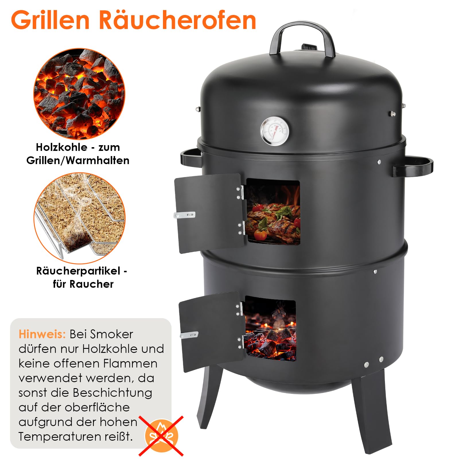 TLGREEN 3 w 1 Wędzarnia, Grill z Pokrywką, Termometr, 2 Ruszty ze Stali Nierdzewnej, 2 Emaliowane Tacki na Wodę, Beczka Wędzarnicza z Uchwytem, BBQ Smoker, Grill Węglowy, do Wędzenia i Grillowania