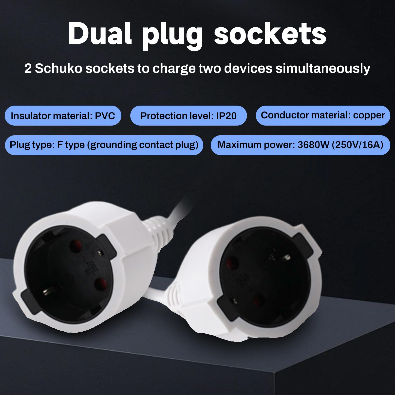 Dubbele stekker voor stopcontact, Multi-stopcontact 2-weg met flexibele kabel, 16 A/250 V/Max 3680 W, Duitse converter stopcontactverlengstukken voor keuken, kantoor, thuis, zwart