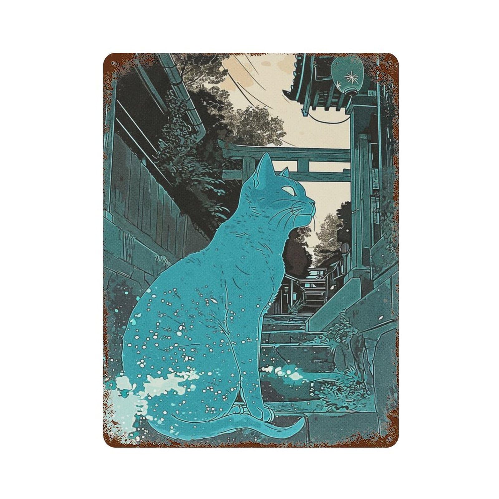 Japan Blue Cat Decorative Tin Sign 15.7"x11.8", for Farmhouse, Kitchen And Entryway Decor, Shabby Chic Decor