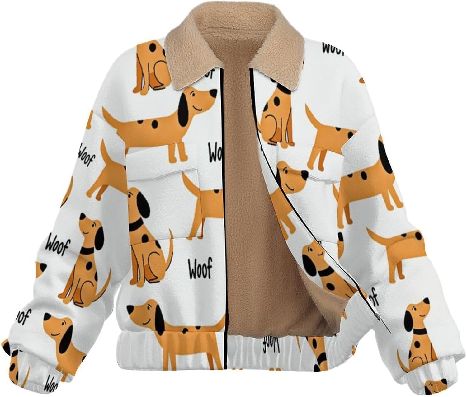 Womens Sherpa Lined Coats, Winter Warm Full Zip Cartoon Dog Printed Fleece Thicken Casual Long Sleeve Jackets