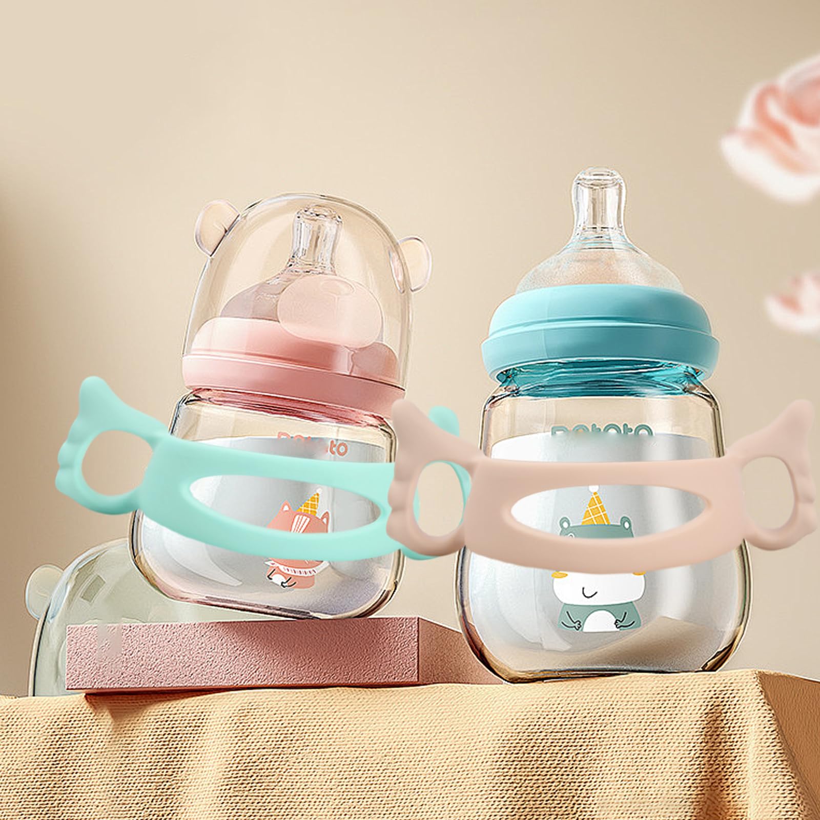 2 Pezzi Manico per Biberon, Maniglia per Biberon in Silicone, Manici Biberon a Collo Largo, Facile Installazione Bambini Manici per Bottiglie, Impugnatura Biberon per Bambini con Design a Presa