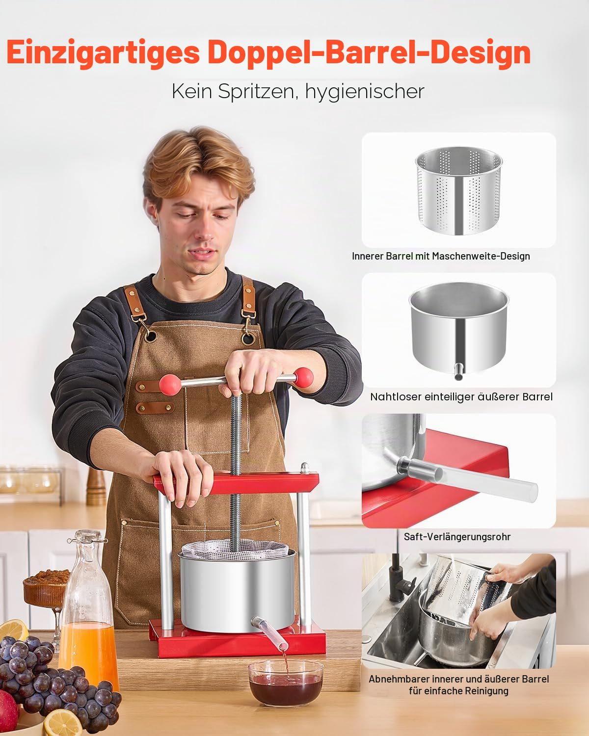 VEVOR Obstweinpresse Apfelpresse 3 L Edelstahlfässer manueller Entsafter Saftpresse T-Griff