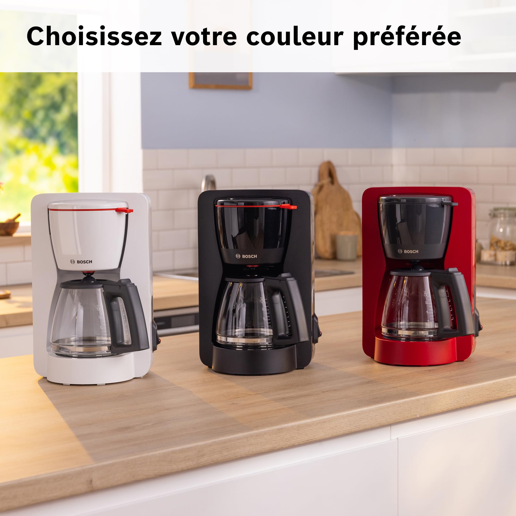 Bosch, machine à café filtre, MyMoment, réservoir d'eau amovible, carafe en verre, arrêt automatique, fonction Anti-Goutte, maintien au chaud 40 minutes, rouge foncé, TKA2M114