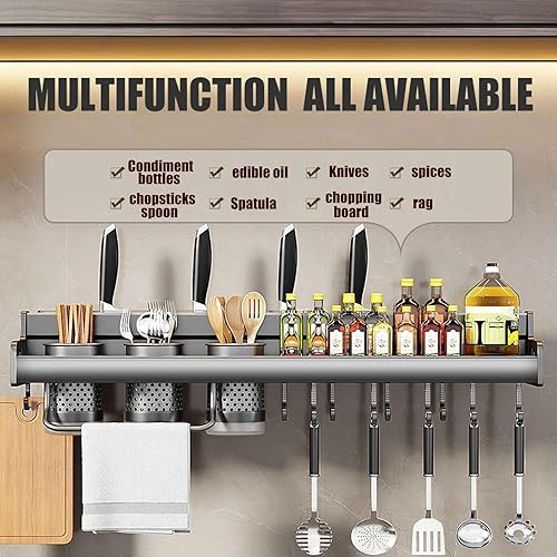 Miniatura 2 de Estante de especias montado en la pared con instalación sin perforación, organizador de estante de cocina con ganchos móviles, soporte para