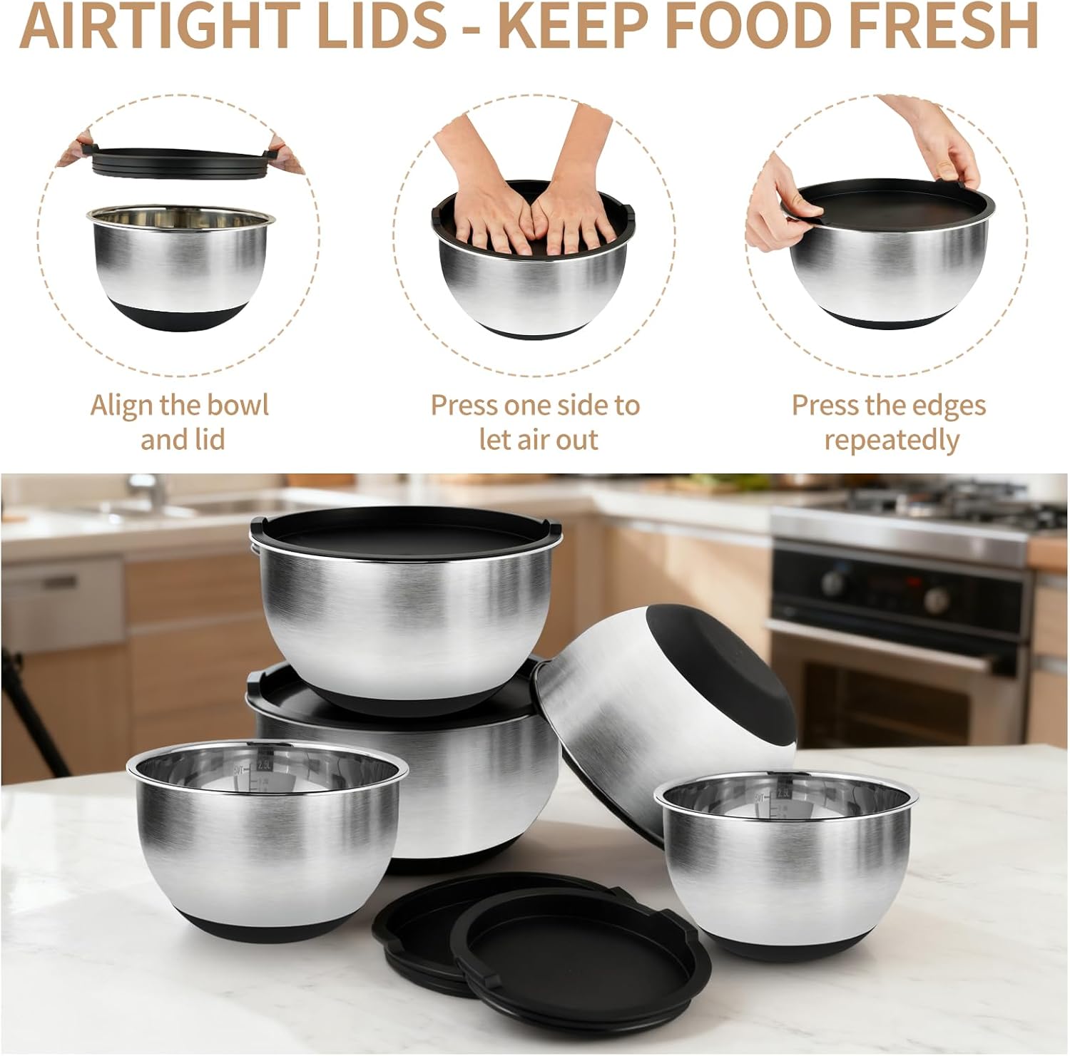 Deedro Premium Mixing Bowls with Airtight Lids Set, 22Pcs Thicker Stainless Steel Mixing Bowl Set, Large Prep Metal Bowls, Non-Slip Silicone Base Nesting Bowls for Kitchen, 1.5/2/3/4/5 QT, Black