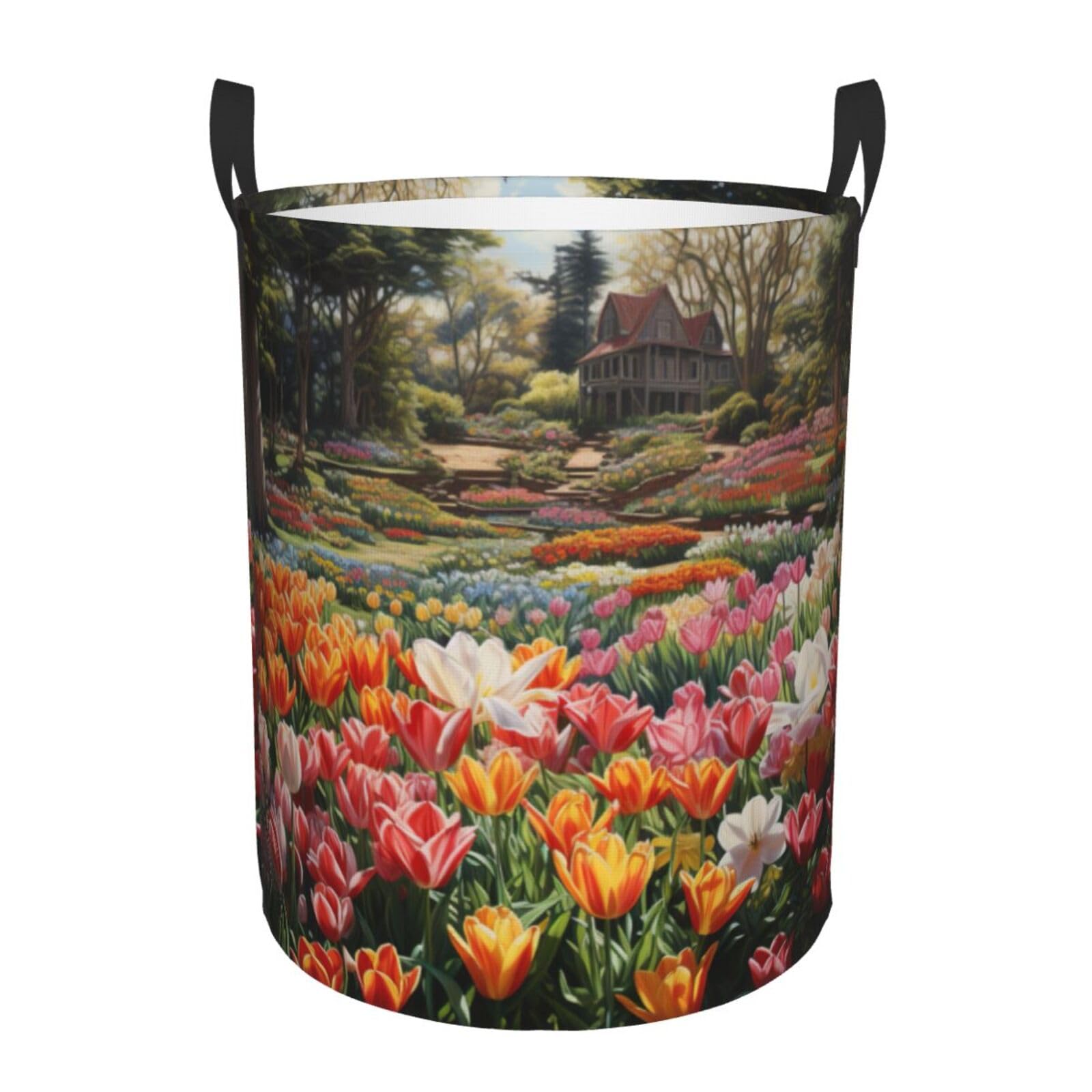 M Collapsible Laundry Hamper Round Tulip Garden Print Storage