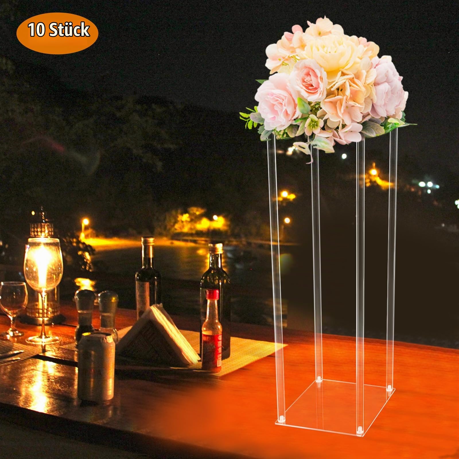 10 Stück Hochzeit Blumenständer 80cm Transparente Acryl-Hochzeitsdekoration für Tische Blumenstrauß Vase Säulen Blumenvase Rechteckig Bodenvase mit Acrylplatte für Hochzeit Party