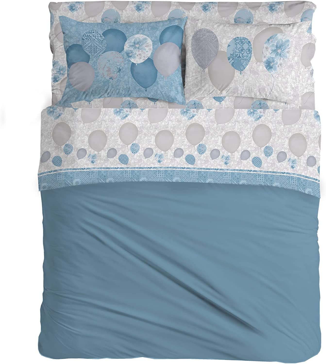 PELLECCHIA 1969 | Set Lenzuola Letto Fantasia Palloncini Colorati |100% cotone | Made in Italy | Lenzuolo sopra + sotto con Angoli + Federa/e double| - Matrimoniale (Matrimoniale, Azzurro)