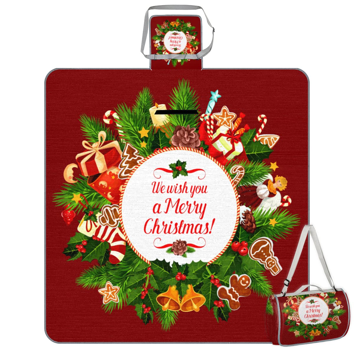 TropicalLife Natale Felice Picnic Coperta Inverno Natale Quadrato Impermeabile Pieghevole Indoor Outdoor Tappeti Mat per Spiaggia Campeggio Parco Famiglia Gathering Attività