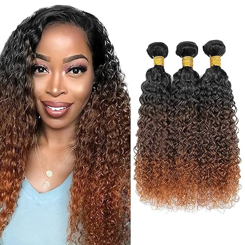 Extensiones de cabello humano rizado degradado T1B430, paquetes de cabello humano rizado de 3 tonos negro y marrón, paquetes de cabello humano
