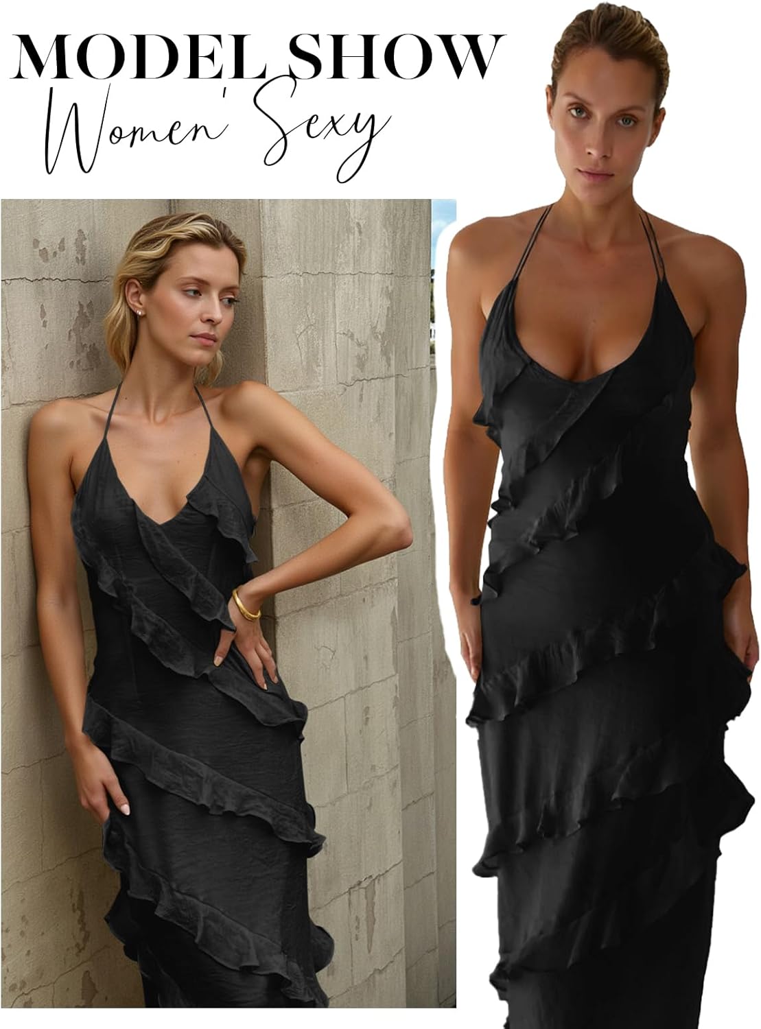 Wenrine Womens Sexy Chiffon Halter Maxi Dress Sleeveless Backless Ruffle Tassel Party Club Dresses - Image 5