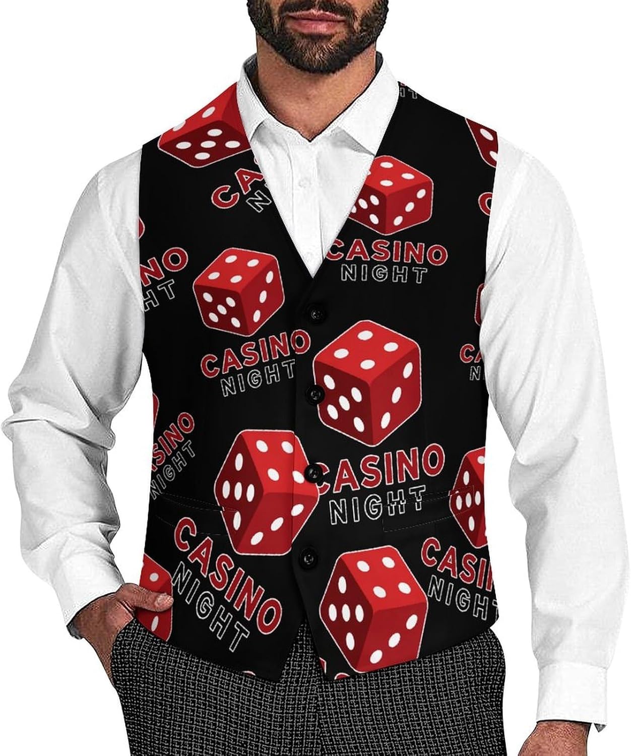 Casino Night Dice Casual Suit Vest for Men Tuxedo Waistcoat Formal Business Dress
