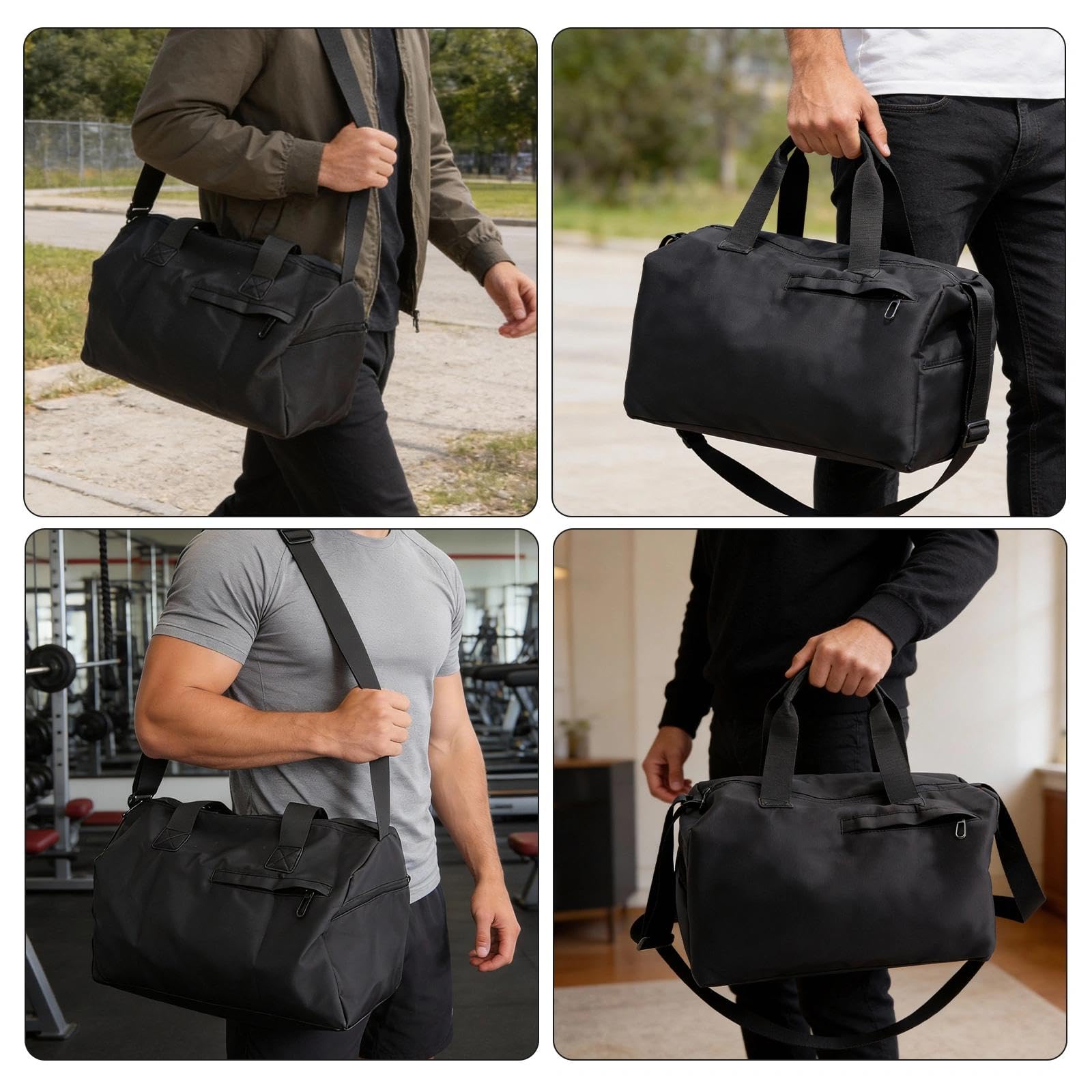 Bolsa de deporte unisex con compartimento húmedo y seco, compartimento para zapatos y múltiples bolsillos, incluye mosquetón blanco, para gimnasio, viajes, natación, color negro
