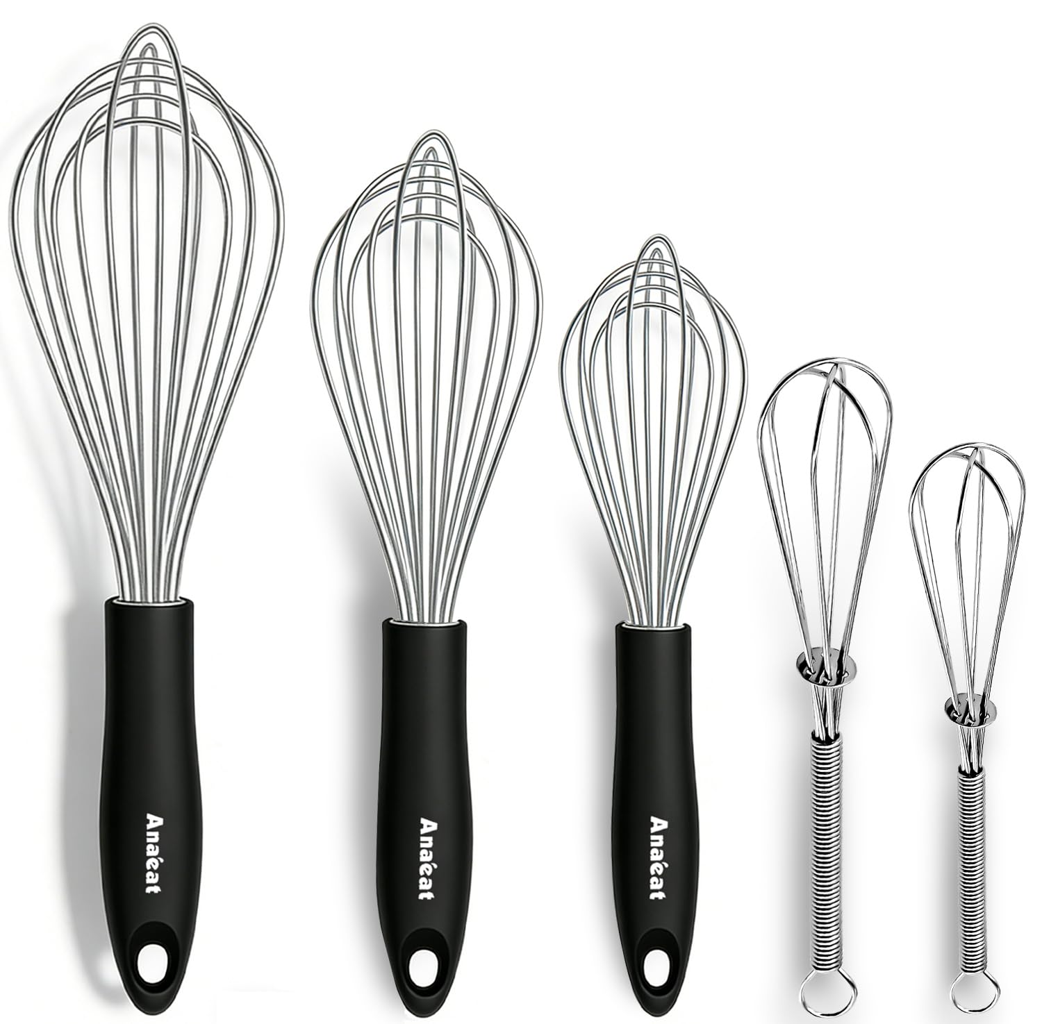 Anaeat Stainless Steel Kitchen Whisk Set of 5, Milk and Egg Beater Blender with Thick Wire for Whisking, Cooking, Baking, Beating and Stirring - 5"+7" Mini Whisk and 9''+11''+12'' Balloon Whisks