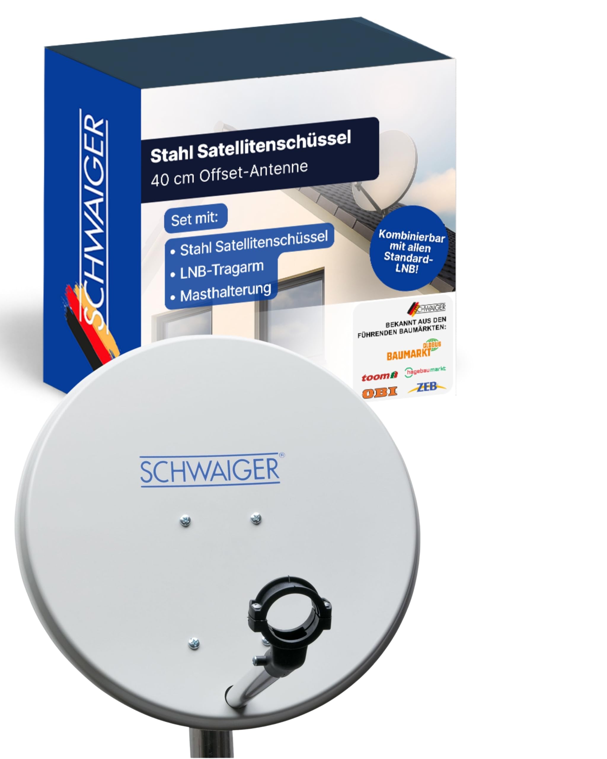 SCHWAIGER Satellitenschüssel I Ø 40 cm Stahl Offset Antenne in hellgrau I Multifeed geeignet & wetterfest I SAT Schüssel mit LNB Tragarm & Masthalterung I maximale Empfangsleistung 32,6dB